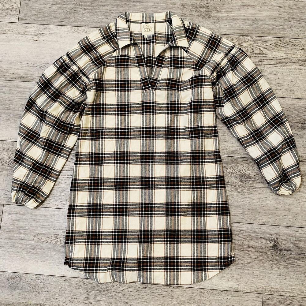 Chaser Shirt Womens Medium Cream Black Brown Plaid Cotton Split Neck Tunic long